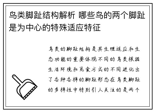 鸟类脚趾结构解析 哪些鸟的两个脚趾是为中心的特殊适应特征 鸟类脚趾结构解析 哪些鸟的两个脚趾是为中心的特殊适应特征